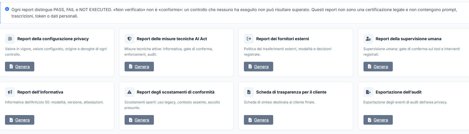 Schermata della sezione Documenti del Privacy Center: report, misure AI Act, inventario fornitori, audit.
